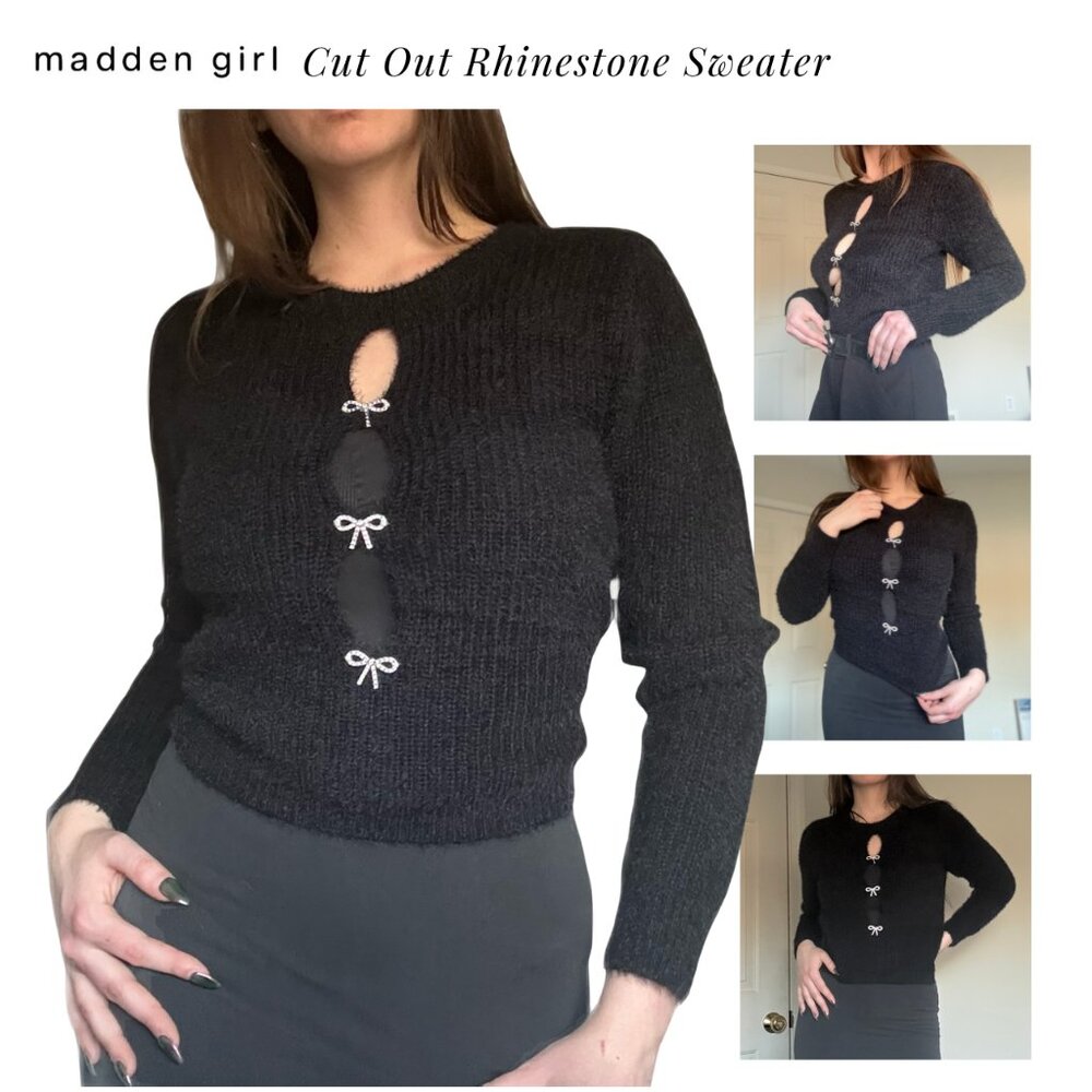 Madden Girl Black Fuzzy Cutout Sweater - Coquette Top - L (Juniors)